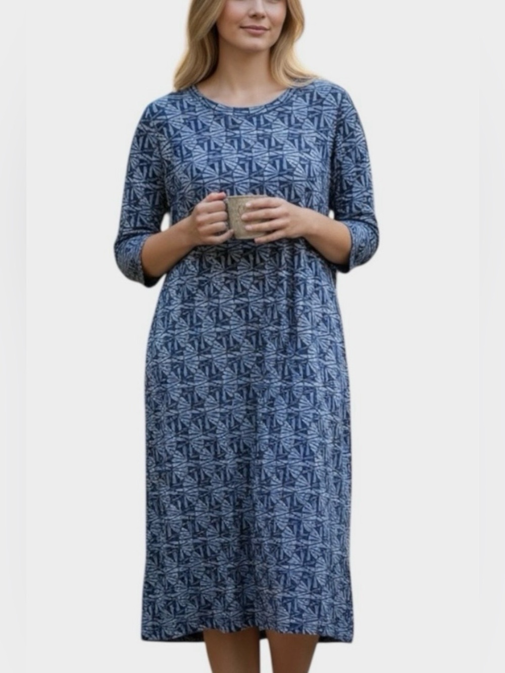 Fresh Produce Blue Batik Print Loose Fitting Cotton Knit Pullover Dress - Large